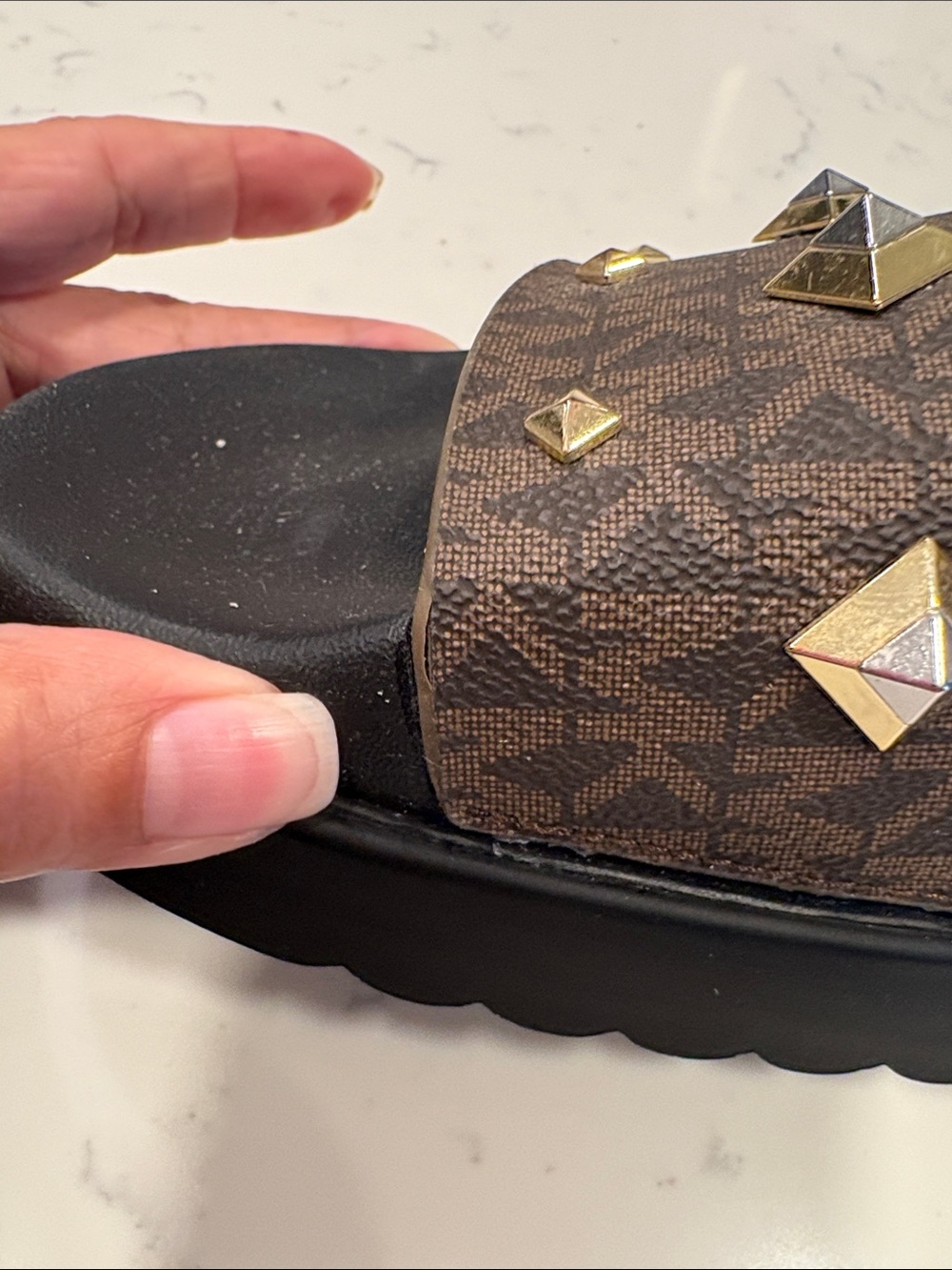 Michael Kors Brown and Black Logo Stud Slide Sandals - Picture 6 of 10